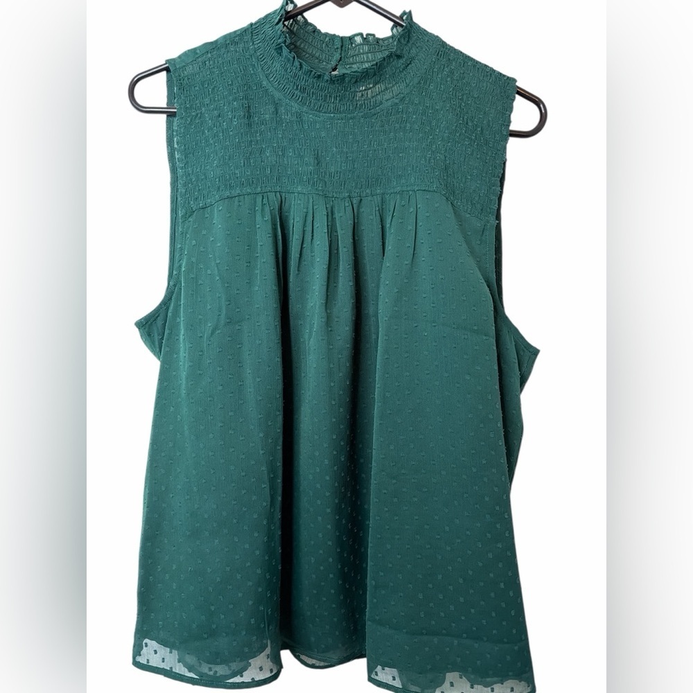 LOFT Green Swiss Dot Mock Neck Sleeveless Blouse